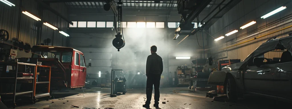 a professional mechanic in a well-equipped auto shop, carefully inspecting intricate brake components under bright overhead lights to ensure vehicle safety and performance.