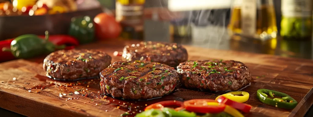 a vibrant, modern kitchen scene features a chef expertly shaping juicy gourmet burger patties on a sleek butcher block, with colorful ingredients like jalapeños and a drizzle of olive oil artistically arranged nearby, emphasizing the art of flavor creation.