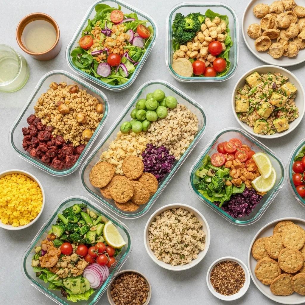 Colorful meal prep containers filled with balanced vegetarian and vegan meals for optimal nutrition