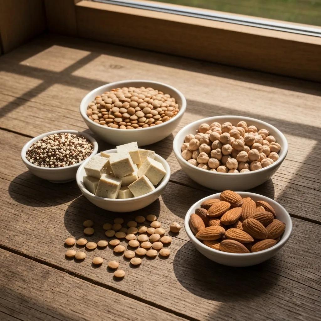 Variety of plant-based protein sources including lentils, chickpeas, and tofu on a wooden surface