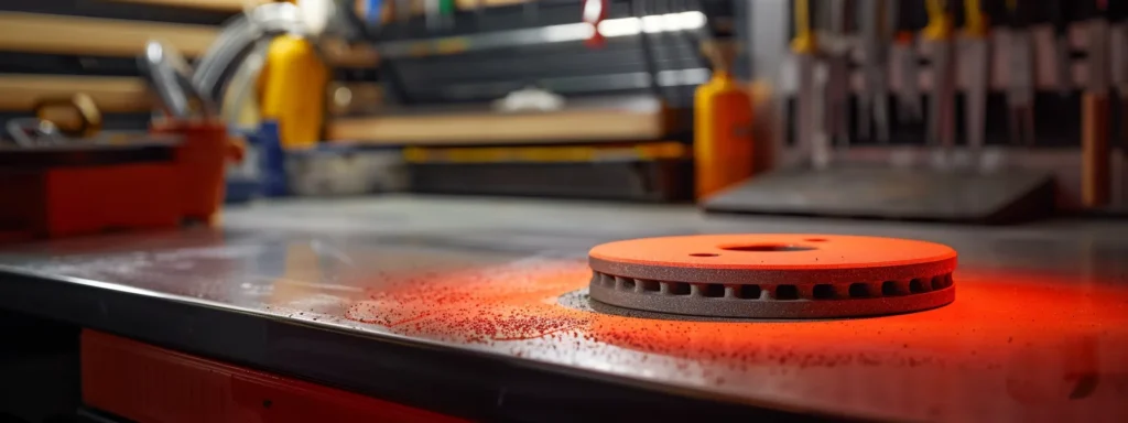 vibrant red brake pads being closely examined for wear and tear on a clean, well-lit workbench.